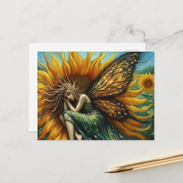 Carte Postale Belle fée couchant dans un tournesol (Devant/Arrière en situation)