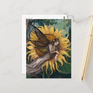 Carte Postale Belle fée endormie sur tournesol