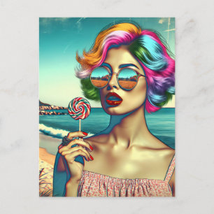 Carte Postale Belle femme Art Pop Rétro avec Lollipop