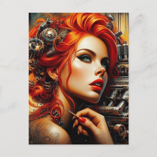 Carte Postale Belle Femme Aux Cheveux Rouges Steampunk (Devant)