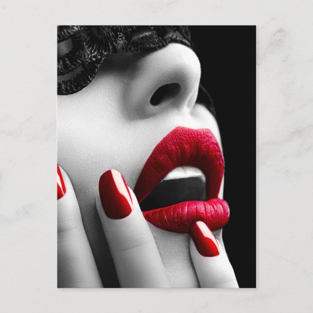 Carte Postale Belle Femme Avec Masque De Dentelle Noire (Devant)