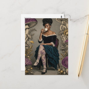 Carte Postale Belle Femme Boit du Thé Violet Rétro Champignons