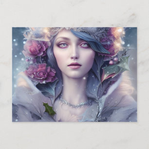 Carte Postale Belle Femme d'hiver Floral et Neige