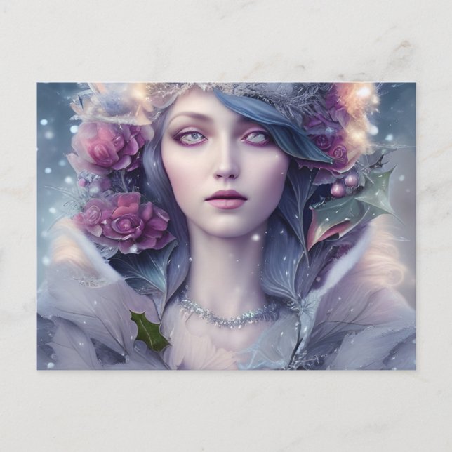 Carte Postale Belle Femme d'hiver Floral et Neige (Devant)