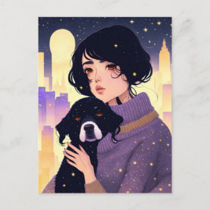 Carte Postale Belle femme en pull & un chien, Croisement