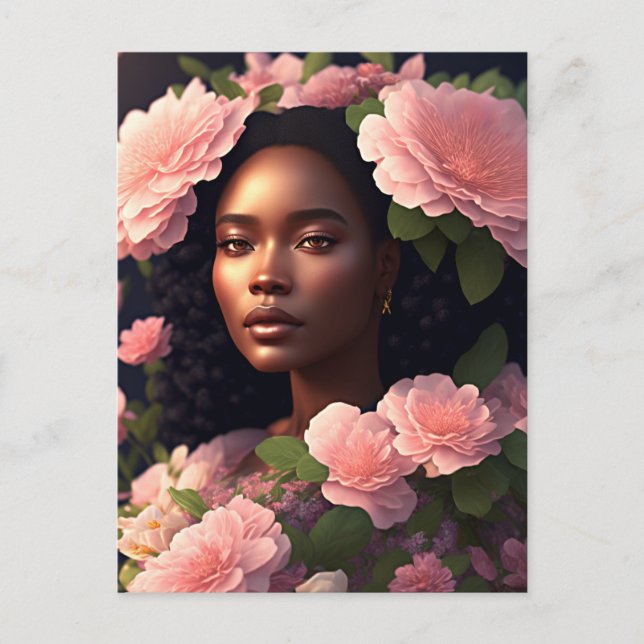Carte Postale Belle Femme Noire Aux Fleurs Roses (Devant)
