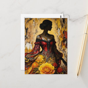 Carte Postale Belle Femme Robe Rouge Roses Jaunes