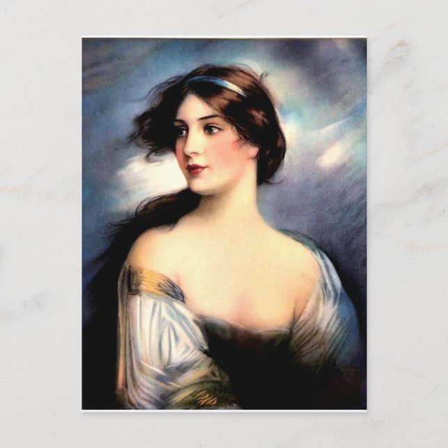 Carte Postale belle femme victorienne soufflée par le vent (Devant)
