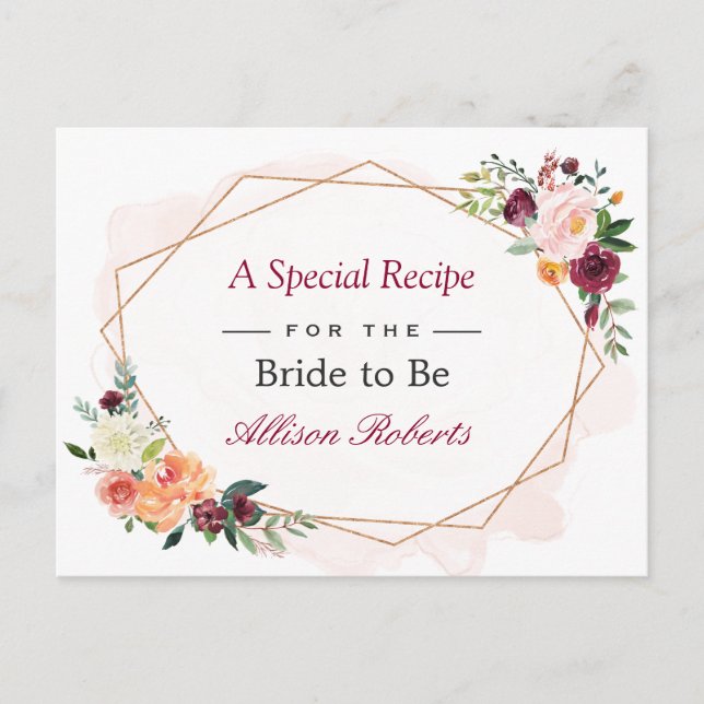 Carte Postale Belle Fête des mariées Floral Gold Frame Recette (Devant)