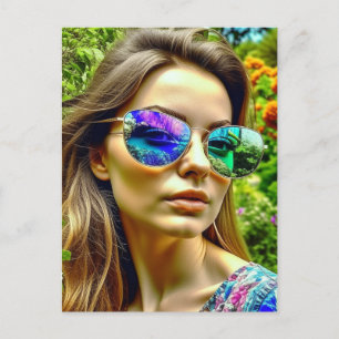 Carte Postale Belle fille avec lunettes de soleil Fleurs de réfl