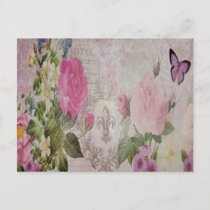 Carte Postale Belle fleur de lis de papillon rose vintage