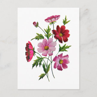 Carte Postale Belle Fleurs de Cosmos en Broderie Crewel