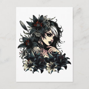Carte Postale Belle Goth Girl Black Lilly Flowers art