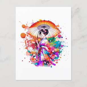 Carte Postale Belle Japonaise en Kimono Parasol