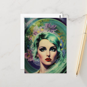 Carte Postale Belle Lavande & Green Retro Style Space Woman