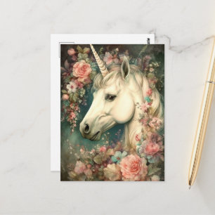 Carte Postale Belle Licorne et Fleurs