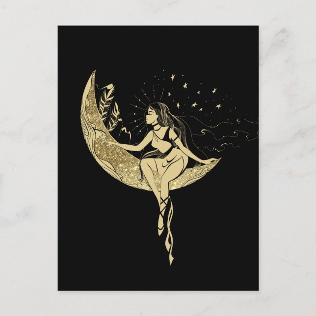 Carte Postale Belle lune étoiles femme art déco illustration (Devant)