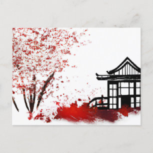 Carte Postale belle maison japonaise dans la forêt de cerisier