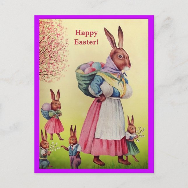 Carte Postale Belle Mère Bunny de Pâques et ses petits lapins (Devant)