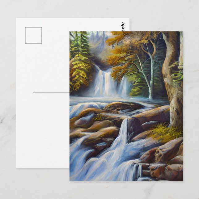 Carte Postale Belle nature Cascade de ruisseau peinture à l'huil (Devant / Derrière)