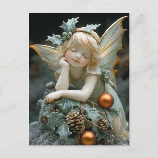 Carte Postale Belle Porcelaine Fée Holly Pinecones Ornement (Devant)