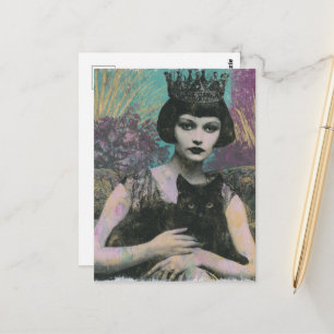 Carte Postale Belle Reine de Fantaisie et Son Chat Noir