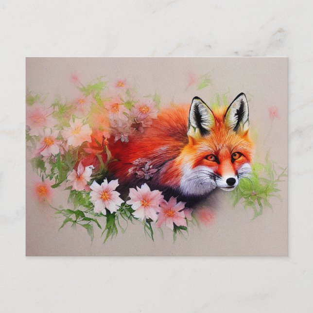 Carte Postale Belle Renard en Fleurs Aquarelle (Devant)