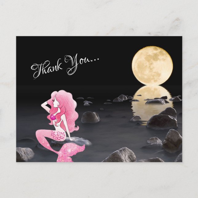 Carte Postale Belle Sirène en Rose avec Pleine Lune Merci (Devant)