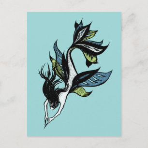 Carte Postale Belle Sirène Gothique Bleue Vert Encre Dessin