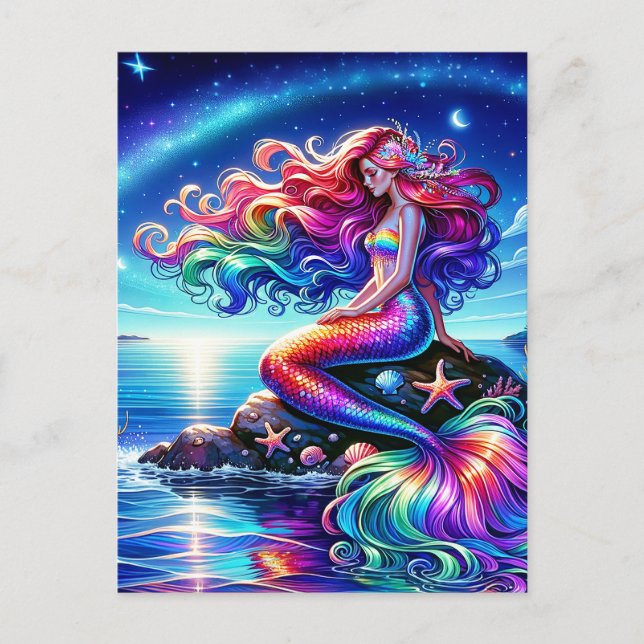 Carte Postale Belle Sirène Nymphe de la Mer Arc-en-Ciel (Devant)