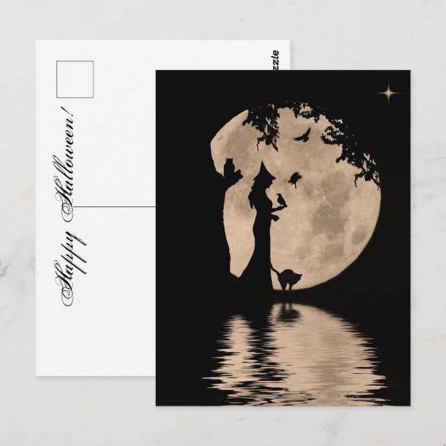 Carte Postale Belle sorcière d'Halloween avec familiers (Devant / Derrière)