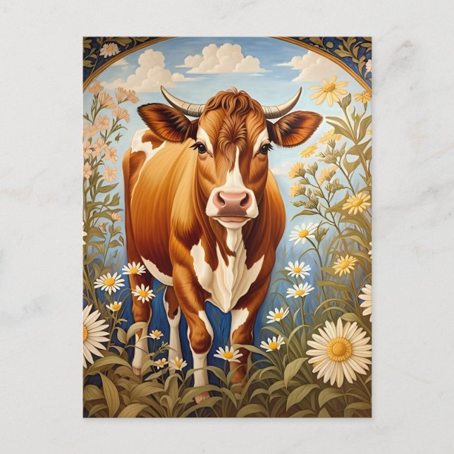 Carte Postale Belle vache Jersey dans le champ de marguerite Vin (Devant)