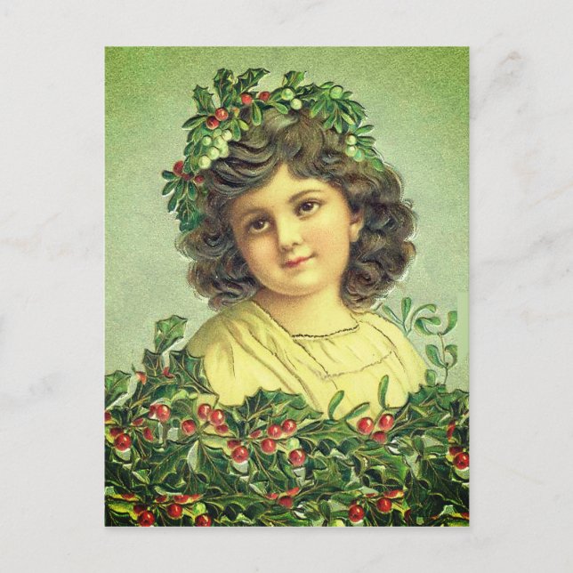 Carte Postale Belle Vintage Noël Holly et Ivy girl (Devant)