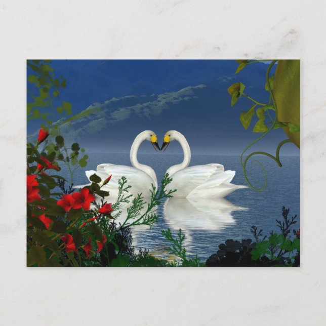 Carte Postale Belles cygnes du coeur fleurs rouges 1 (Devant)