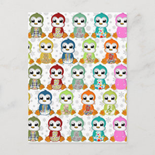 Carte Postale Belles fleurs de pingouins colorés