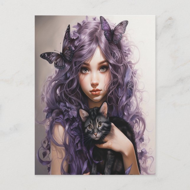 Carte Postale Belles papillons de fée violets Chat noir (Devant)