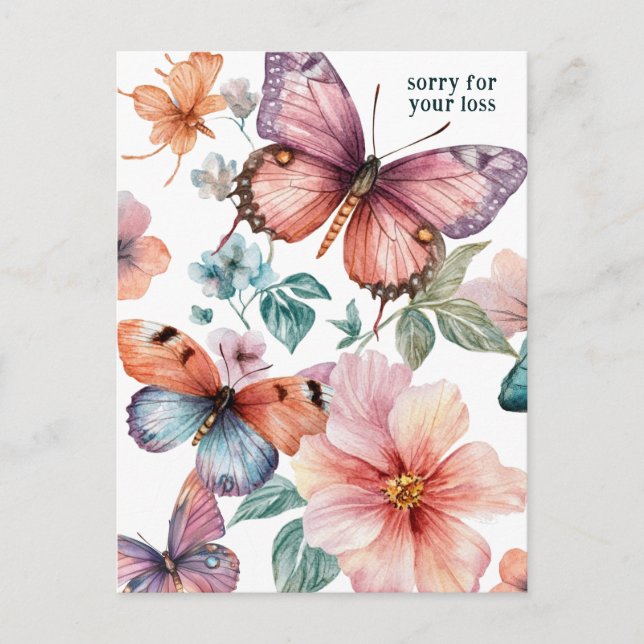Carte Postale Belles papillons et fleurs DÉSOLÉ POUR PERTE (Devant)
