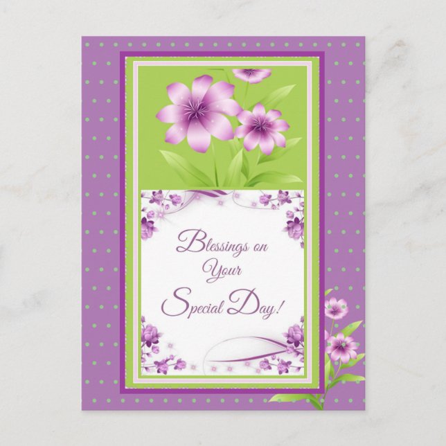 Carte Postale Bénédiction sur votre jour spécial fleurs violette (Devant)