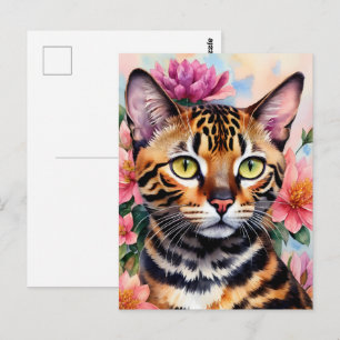 Carte Postale Bengale Chat Aquarelle Art Floral