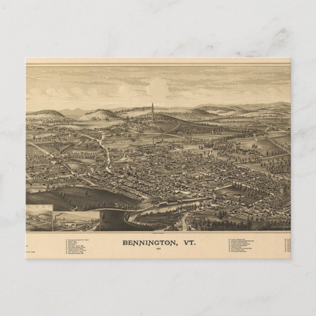Carte Postale Bennington, Vermont Antique Map - 1887 (Devant)