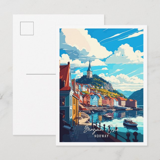Carte Postale Bergan Oslo Norvège Illustration de voyage artisan (Devant / Derrière)