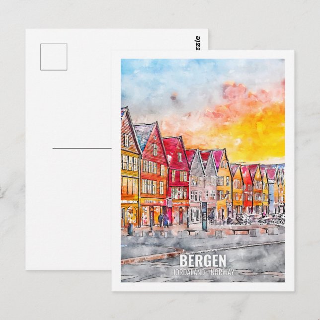 Carte Postale Bergen Hordaland Norvège Lieu de voyage Aquarelle (Devant / Derrière)