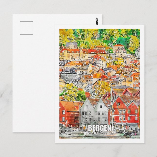 Carte Postale Bergen Hordaland Norvège Lieu de voyage Aquarelle (Devant / Derrière)