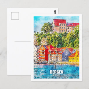 Carte Postale Bergen Norvège Fameux Voyage Aquarelle croquis