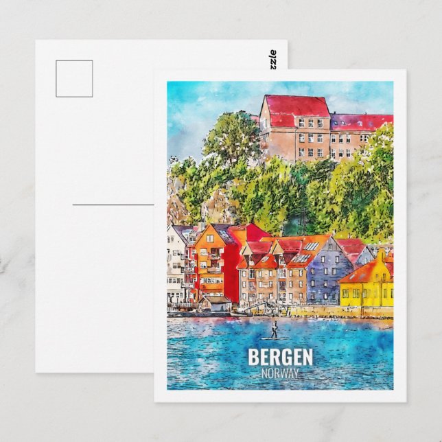 Carte Postale Bergen Norvège Fameux Voyage Aquarelle croquis (Devant / Derrière)
