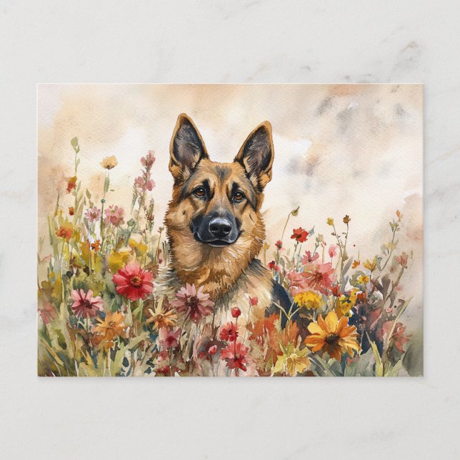 Carte Postale Berger Allemand Parmi Les Fleurs sauvages Vibrants (Devant)