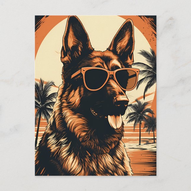 Carte Postale berger allemand sur une plage tropicale au coucher (Devant)