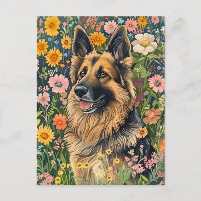 Carte Postale Berger allemand Whimsical dans un jardin de fleurs (Devant)
