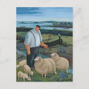 Carte Postale Berger avec mouton dans le paysage de la rivière