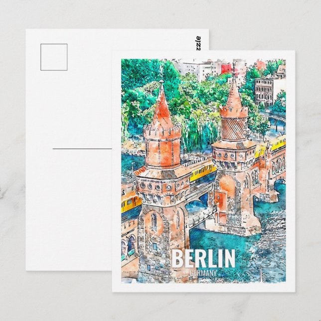 Carte Postale Berlin Allemagne Travel Place Watercolor (Devant / Derrière)